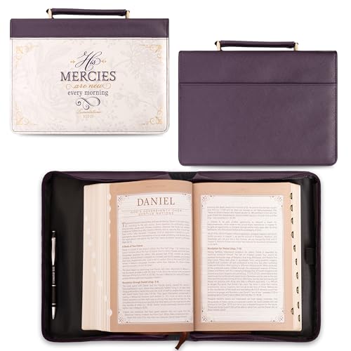 Christian Art Gifts Dark Purple Fashion Bible Cover for Women: Mercies are New - Lam. 3:22-23 Inspirational Scripture, Vegan Leather Book Carry Case w/Sleeves, Zipper, Pocket & Pen Storage, Medium - color: Purple/Mercies Are New, size: Medium