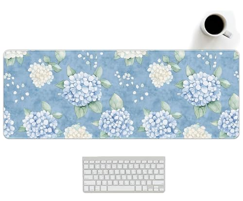 Hydrangea Desk Mat, Blue and White Flroal Mouse Pad, 31.5x11.8 - color: Hydrangea Blue and White, size: 31.5L x 11.8W inches