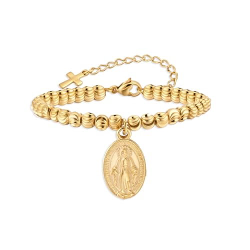 Rnivida 14K Gold Plated Stainless Steel Catholic Rosary Bracelet for Women,Religious Gift for Confirmation Baptism First Communion Easter - color: Gold