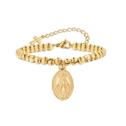 Rnivida 14K Gold Plated Stainless Steel Catholic Rosary Bracelet for Women,Religious Gift for Confirmation Baptism First Communion Easter - color: Gold