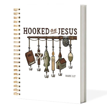 Christian Fishing Spiral Notebook Journal 5.5x8.3in, Faith Journal for Men, Hooked on Jesus Angler Religious Scripture Hardcover Notebook for Church Study Work Office - color: Hooked on Jesus Angler Religious