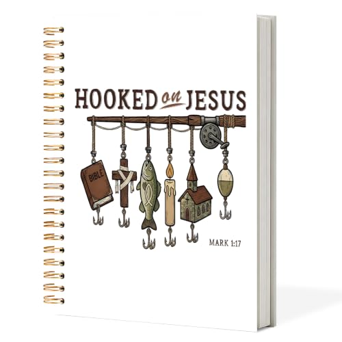 Christian Fishing Spiral Notebook Journal 5.5x8.3in, Faith Journal for Men, Hooked on Jesus Angler Religious Scripture Hardcover Notebook for Church Study Work Office - color: Hooked on Jesus Angler Religious