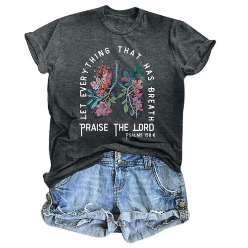 Christian Shirts for Women Vintage Bible Verse T Shirts Boho Floral Jesus Shirt Wildflowers Graphic Tees Tops - color: Deep Gray, size: X-Large