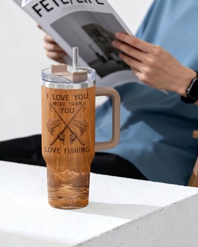 34HD Fishing Love You More 40 oz Tumbler with Handle, Romantic Gift - color: Bass Fish Wood