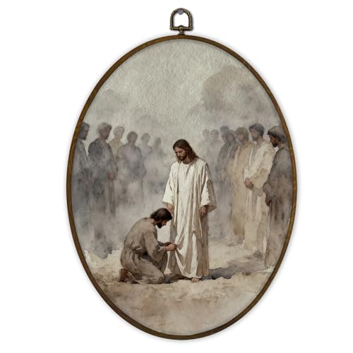 Gnmduw Christian Jesus and Man Oval Wall Art Framed, Vintage Easter Jesus Canvas Prints Hanging Decorations, Christian Forgiveness Wall Decor for Prayer Room Bedroom Living Room, 8.7x11.3 In - color: christ10, size: 11.3"L x 8.7"W