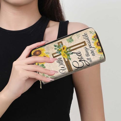 Christian Cross Quote Bible Verse Matthew 19:26 Print Wallet for Women Large Capacity Wallet Credit Card Holder PU Leather Zipper Clutch Purse Phone Wallet - color: Christian Cross Quote Bible Verse Matthew 19:26