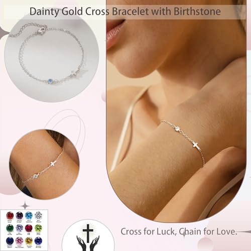 Cross Bracelet with Birthstone, Christian Gifts for Women Dainty Gold Bracelet Birthstone Bracelets for Women Birthday Gift Religious Faith Baptism Confirmation Bracelets for Teen Girls Christmas Jewelry for Mom Daughter Granddaughter - color: White Gold