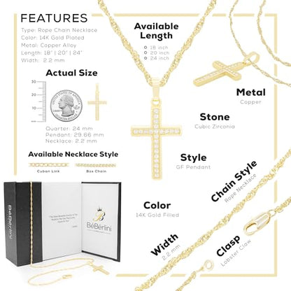 BEBERLINI Cross Cubic Zirconia Pendant 14K Gold Filled Rope Chain Necklace Set Fashion Jewelry Gift For Women 2.2 mm 18”
