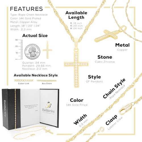 BEBERLINI Cross Cubic Zirconia Pendant 14K Gold Filled Rope Chain Necklace Set Fashion Jewelry Gift For Women 2.2 mm 18”