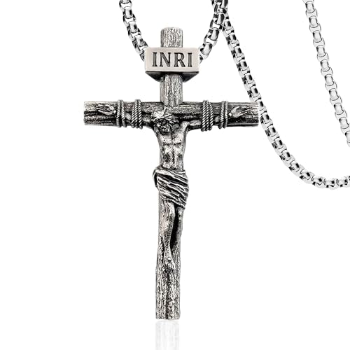 Crucifix Cross Necklace for Men and Women with Exquisite Jesus Pendant and Stainless Steel Chain 16-30 Inch - color: Antique White Gold, size: 20 Inch=51CM(Women's Average Length), style: Medium Pendant-1.8"x1.1"