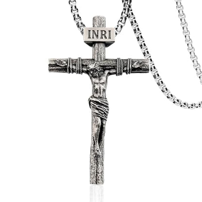 Crucifix Cross Necklace for Men and Women with Exquisite Jesus Pendant and Stainless Steel Chain 16-30 Inch - color: Antique White Gold, size: 20 Inch=51CM(Women's Average Length), style: Medium Pendant-1.8"x1.1"