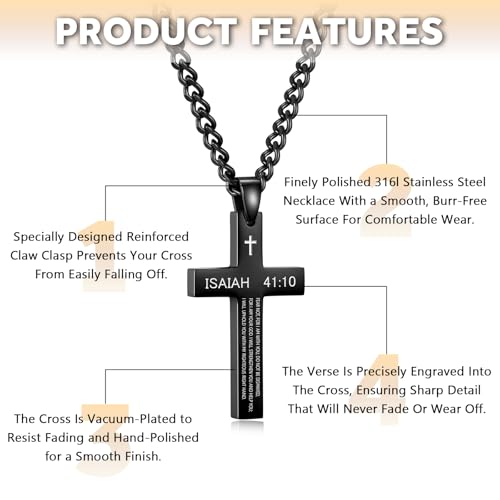 REVEMCN Black & Silver Bible Verse Cross Necklace for Men Boys 20-24" Chain - color: Isaiah 41:10 - Black