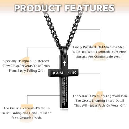 REVEMCN Black & Silver Bible Verse Cross Necklace for Men Boys 20-24" Chain - color: Isaiah 41:10 - Black