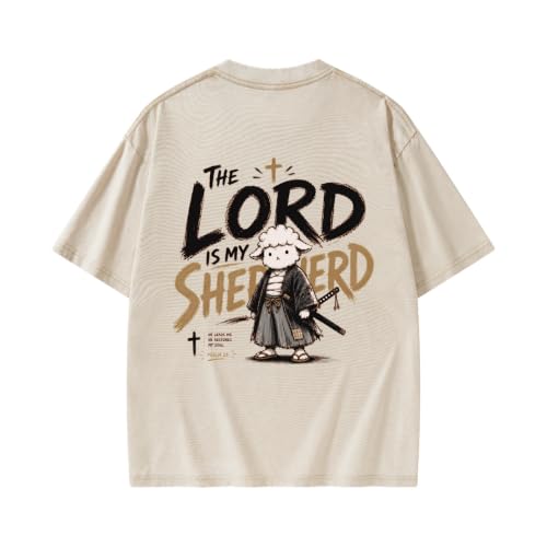 The Lord is My Shepherd Psalm 23 Samurai Lamb Anime Christian Faith T-Shirt - color: Beige, size: Medium
