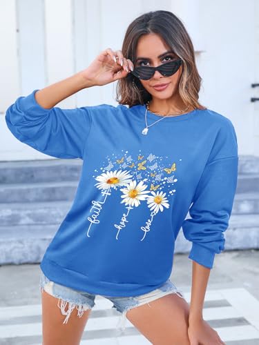 Women’s Christian Sweatshirts,Faith Hope Love Daisy Print Crewneck Long Sleeve Casual Loose Fit Sweatshirt - color: Blue, size: X-Large