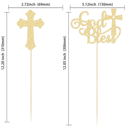Gyufise 12Pcs God Bless and Cross Centerpiece Sticks Double Sided Cross God Bless Table Flower Centerpieces Sticks First Communion Baptism Decorations for God Bless Theme Party Supplies Gold - color: Gold
