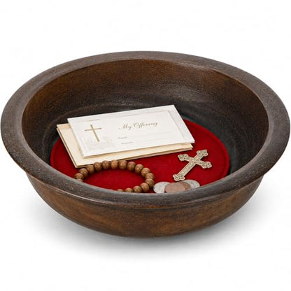 Domensi Handcrafted Wooden Offering Plate for Church Walnut Stain Collection Plate with Felt Round Pad Collection Tray for Sunday Worship Communion Religious Ceremonies