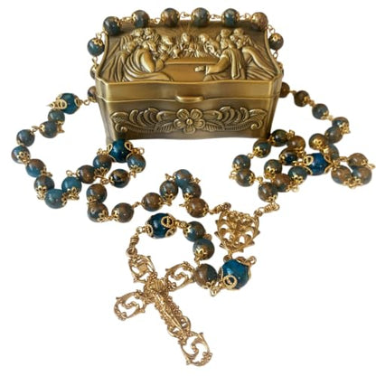 Handmade vintage copper 5 decade rosary for women & men Natural Blue Green Golden Shine Stone & Tiger Eye Beads Necklace Perfect Catholic gifts with box openwork crucifix