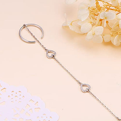 S925 Sterling Silver Finger Ring Bracelet Hand Adjustable Chain for Women - style: Heart CZ