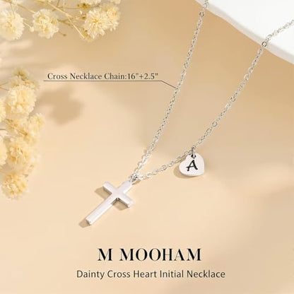 M MOOHAM Initial Cross Necklace for Girls, Baptism Gifts for Girl Jewelry - color: T