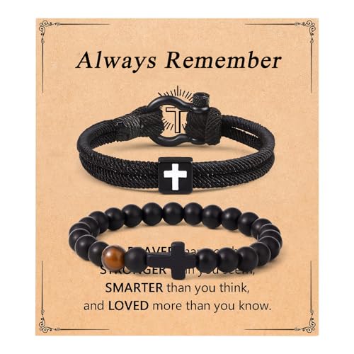 Giovanchi Christian Cross Bracelet for Men Him Dad Father Godfather Grandfather Grandpa Husband, Inspirational Faith Based Jesus Bracelets Gifts for Easter Basket Stuffers - style: Always Remember