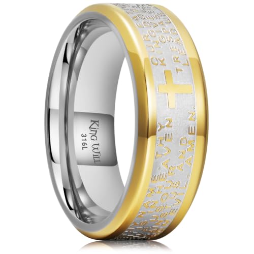 King Will Stainless Steel Men Ring Lord's Prayer Cross Ring Stainless Steel Men Wedding Ring, Wedding Band Bible Engraved Rings High Polished, Comfort Fit - color: Gold