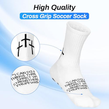 Meudid Grip Soccer Socks with 3 Crosses - Anti-Slip Christian Sock with Bible Verse for US 6-13