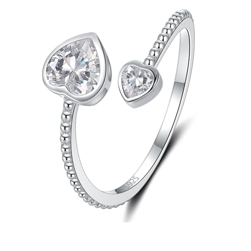 Step Forward 925 Sterling Silver Birthstone Rings for Women - Adjustable Open Heart Ring Constellation Month Band for Her Birthday Gifts Jewelry - color: April