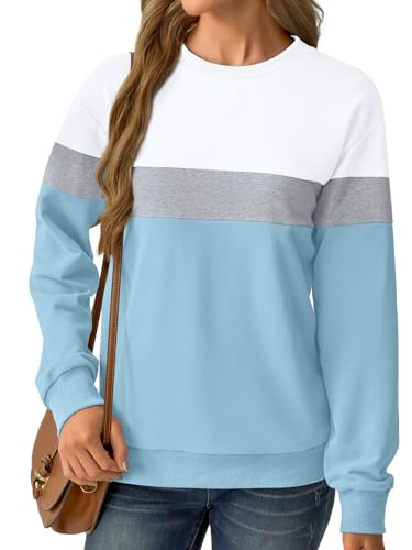 GKBK Womens Sweatshirts Cotton Crew Neck Lightweight Pullover Pocket Tops - color: White Blue, size: Large