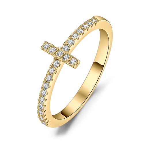 JewelryPalace 14k White Yellow Rose Gold Plated 925 Sterling Silver Rings for Women, Cubic Zirconia Promise Rings for Her, Stackable Wedding Bands Rings for Women Infinity Forever Love Knot Ring - color: 6-Yellow Gold Plated Brass-Cross Ring