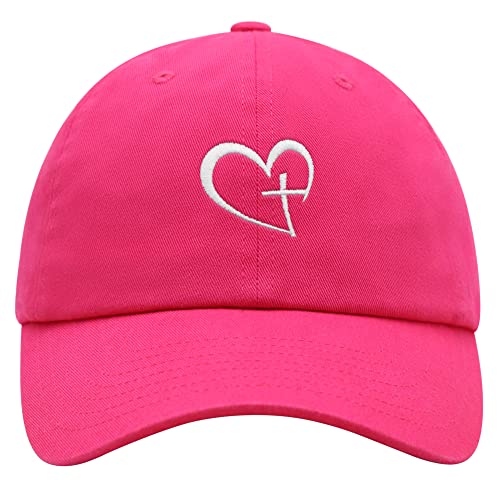 JPAK Heart and Cross Premium Dad Hat Embroidered Cotton Baseball Cap Christian Faith - color: Hot Pink