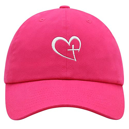 JPAK Heart and Cross Premium Dad Hat Embroidered Cotton Baseball Cap Christian Faith - color: Hot Pink