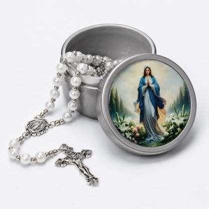 8mm Glass Pearl Rosary - Catholic Necklace for Men and Women Comes in a Metal Gift Box, First Communion Rosary Necklace as Gifts - color: White