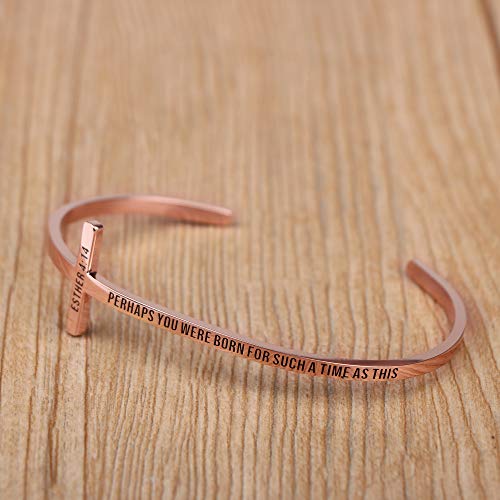 Memgift 𝐂𝐫𝐨𝐬𝐬 𝐁𝐫𝐚𝐜𝐞𝐥𝐞𝐭 Religious Cuff Bangle 𝐁𝐢𝐛𝐥𝐞 𝐕𝐞𝐫𝐬𝐞 Christian Gifts Jewelry for 𝐖𝐨𝐦𝐞𝐧 - style: Rose gold-Perhaps you were born for such a time as this -Esther 4:14