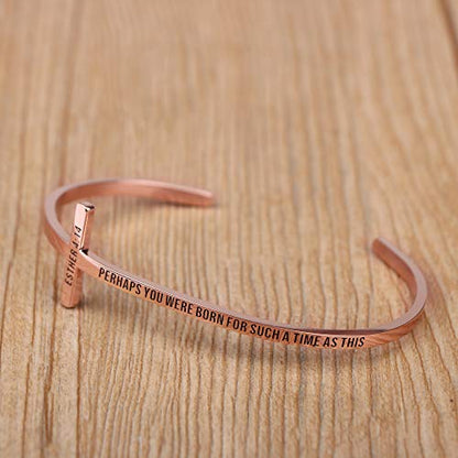 Memgift 𝐂𝐫𝐨𝐬𝐬 𝐁𝐫𝐚𝐜𝐞𝐥𝐞𝐭 Religious Cuff Bangle 𝐁𝐢𝐛𝐥𝐞 𝐕𝐞𝐫𝐬𝐞 Christian Gifts Jewelry for 𝐖𝐨𝐦𝐞𝐧 - style: Rose gold-Perhaps you were born for such a time as this -Esther 4:14