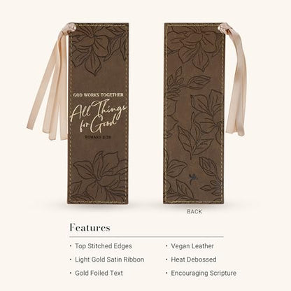Christian Art Gifts Faux Leather Scripture Bookmark: All Things for Good - color: Brown Floral/All Things