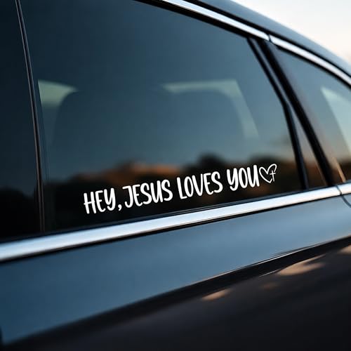 (2PCS) Hey Jesus Loves You Car Decal, Christian Vinyl Decal for Cars, Window, Truck, Laptop, Wall, Bumper, Vehicle, Waterproof Religious Decal - Christian Gifts for Men and Women - Size 8'' x 1''