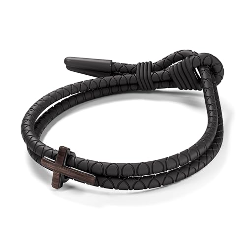 Rowdy Parrot FlexTech Adjustable Silicone Braided Rope Bracelet for Men - Waterproof, Sweatproof, One Size Fits All - Featuring Religious Christian Jesus Cross Design - color: Black Rope | Black Metal Cross, Black Walnut Wood Inlay