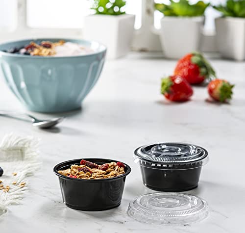 {3.25 oz - 100 Sets} Black Diposable Plastic Portion Cups With Lids, Small Mini Containers For Portion Controll, Jello Shots, Meal Prep, Sauce Cups, Slime, Condiments, Medicine, Dressings, Crafts, - color: Black, size: 3.25 Ounce