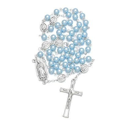 KOMI 6mm Glass Pearl Rosary Beads Catholic for Women with Metal Rosary Box Religious Gifts - style: Guadalupe-blue