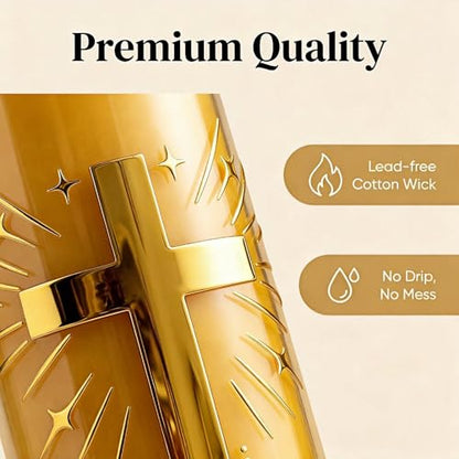 2 Pack 100% Pure Beeswax Pillar Candles in Glass Jar with Cross Design – Unscented, 80-Hour Long Burning, Dripless & Smokeless – Non-Toxic Candles for Prayer, Meditation & Religious Gifts