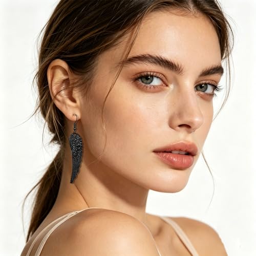 coadipress Angel Wing Earrings for Women Unique Silver Plated Fairy Feather Guardian Dangle Drop Hook Earrings Jewelry - color: Black Wing