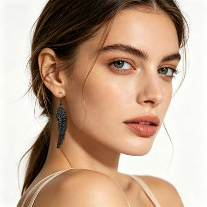 coadipress Angel Wing Earrings for Women Unique Silver Plated Fairy Feather Guardian Dangle Drop Hook Earrings Jewelry - color: Black Wing