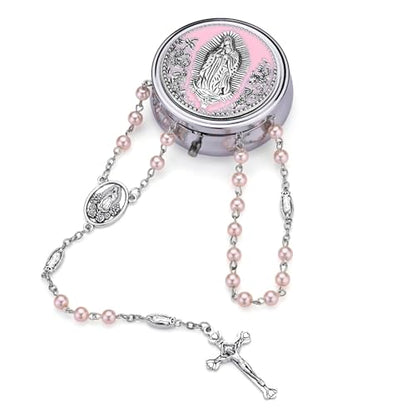 Guadalupe Rosary Beads for Women with Metal Box and 18pcs Holy - color: Pink