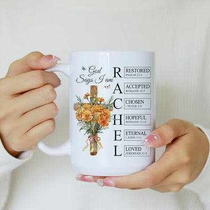 Personalized God Says I Am Mug - Custom Bible Verse Birth Flower 11oz 15oz - Cross Christian Coffee Mug - Religious Gifts for Women - color: GOD-IAM-M7
