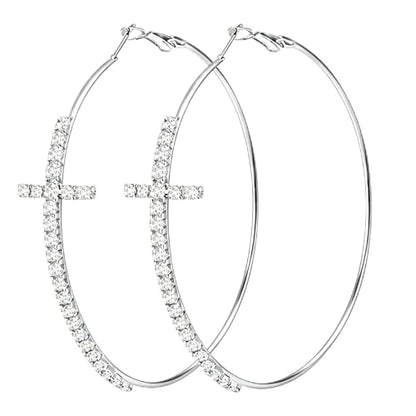 Large Cross Hoop Earrings for Women Sparkly Rhinestone Statement Jewelry for Prom Wedding Party Night Out Accessories Shiny Silver Tone Fashion Dangle Earings - color: Silver