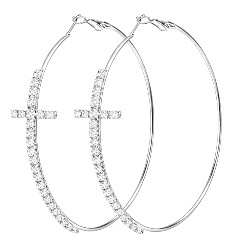 Large Cross Hoop Earrings for Women Sparkly Rhinestone Statement Jewelry for Prom Wedding Party Night Out Accessories Shiny Silver Tone Fashion Dangle Earings - color: Silver