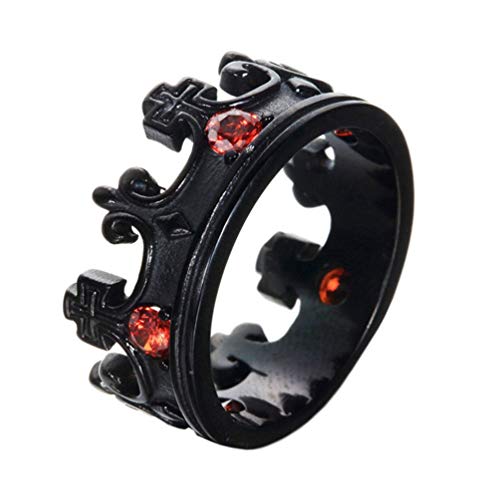 Mens Womens Stainless Steel Vintage Royal King Crown Ring Cross Band Ruby Black Gemstone - color: Black
