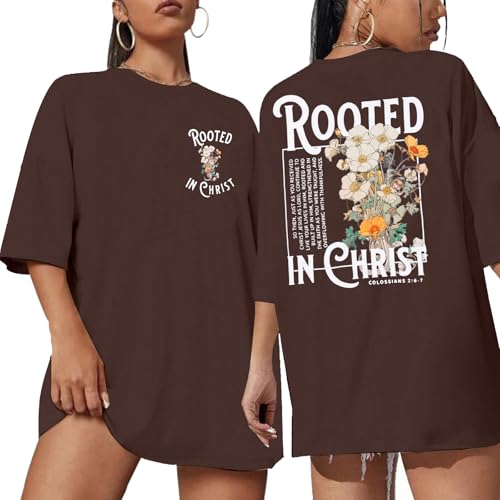 Rooted in Christ Shirt Christian Shirts for Women Jesus Oversized Tshirt - color: Brown, size: Small