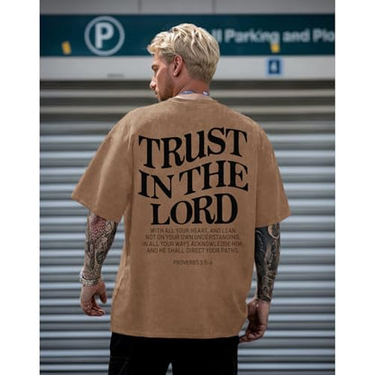 Wrenpies Mens Oversized Christian Shirts God Faith Jesus Religious Tshirts Trust in The Lord Bible Verse Tees Acid Wash Tops - color: Coffee, size: Medium